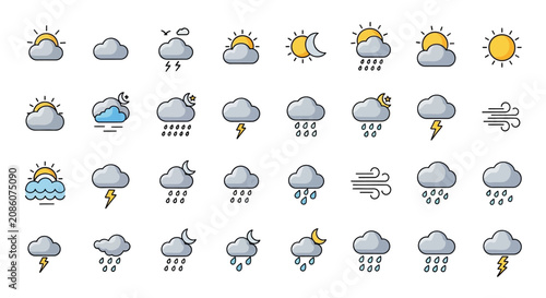 A comprehensive collection of weather icons depicting various meteorological conditions and atmospheric phenomena.