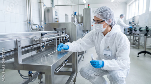 Technician swabbing equipment for food safety in industrial plant