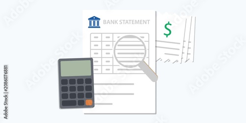 Bank statement, highlighted transactions, magnifying glass, calculator and receipts. Bank transaction review concept scene. Financial record analysis and expense verification process.