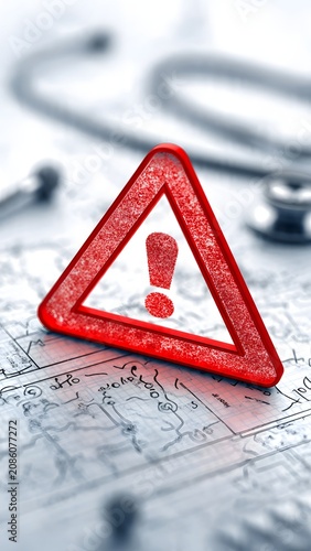 Warning sign with an exclamation mark sits prominently atop a blurred medical document to indicate safety protocols.