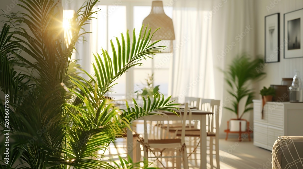 Fototapeta premium Bright Sunlit Scandinavian-Style Dining Area with Lush Green Houseplants and Wooden Furniture