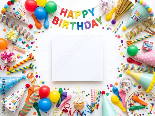 Colorful birthday party decorations and supplies.