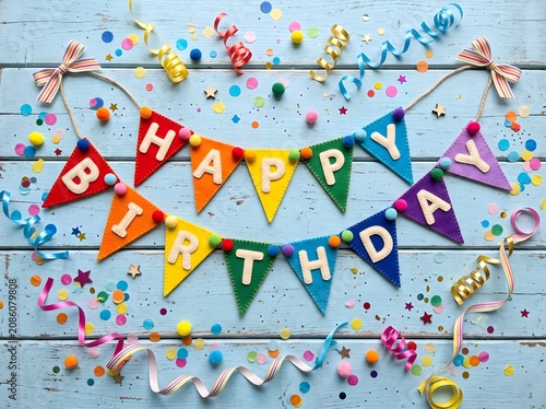 Colorful birthday decorations on a wooden background.