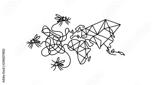 Quadro su tela Mosquitoes swarm over abstract geometric world map, disease spread concept