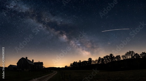 Milky way galaxy over rural landscape.