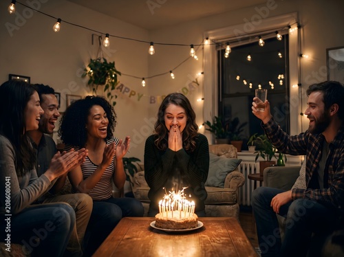 friends celebrating a birthday with cake.