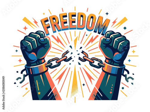 Foto Clenched fists breaking free from chains under freedom text