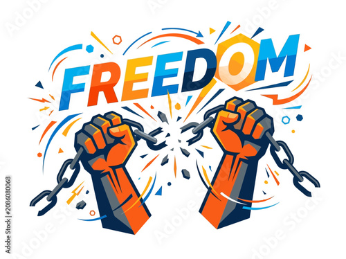 Vászonkép Powerful hands breaking iron chains under freedom text typography