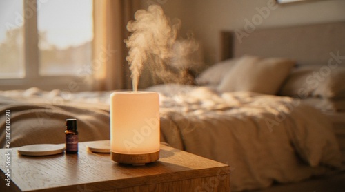 Принти на полотні An ultrasonic essential oil diffuser emitting a gentle mist on a wooden nightstand in a warm and cozy bedroom setting