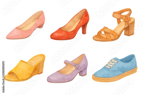 Png watercolor set of female shoes including heels, sandals, and sneakers isolated on transparent background. concept of fashion footwear, stylish accessories, colorful shoe collection