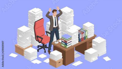 Tableau sur toile Businessman overwhelmed by paperwork at office desk with chair and books scatter