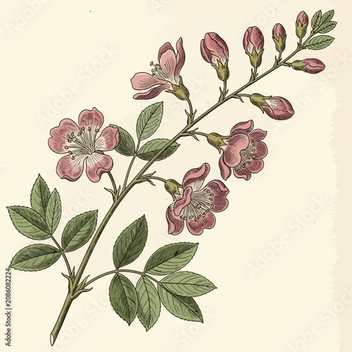 Botanical illustration of a flowering branch with pink blossoms and green leaves.