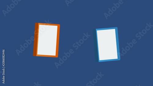Orange and blue rectangular frames floating against a plain blue background