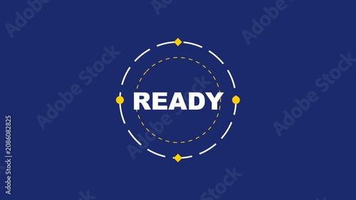 Ready text animation with rotating circular graphic on blue background