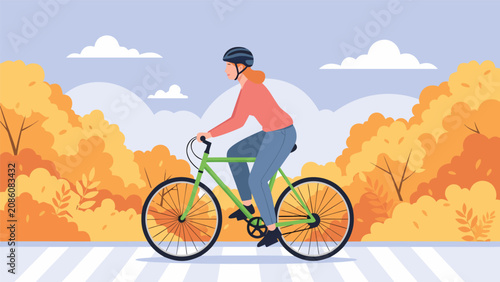 Konstfotografi Person riding bicycle across crosswalk in autumn landscape with trees and clouds