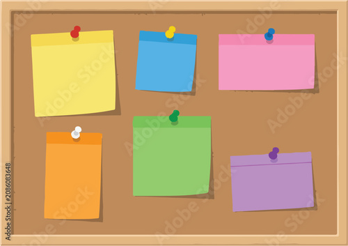 Office corkboard with colorful blank sticky notes and push pins