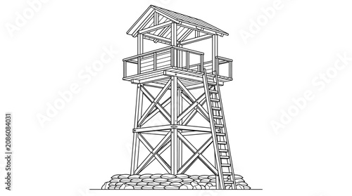 Obraz na plátně Wooden Watchtower Line Art Vector Illustration