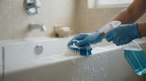 Quadro su tela A close-up view of a person wearing blue rubber gloves using a scrub brush and cleaning spray to clean a white bathtub in a bathroom