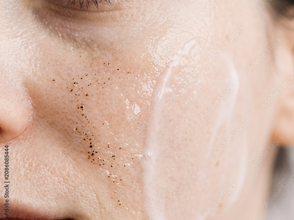 Fototapeta premium Applying facial scrub on skin for a natural skincare routine close up