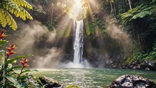 Waterfall in tropical forest with dramatic sunlight rays.