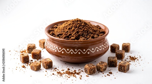 Natural Jaggery Powder and Gur Cubes Traditional Sweetener Food Concept
