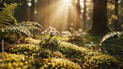 Sunbeams hitting moss and ferns on forest floor.
