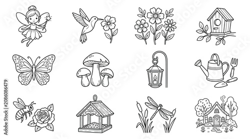 Whimsical Garden Icons: Fairy, Birdhouse, Butterfly, Flowers, Insects