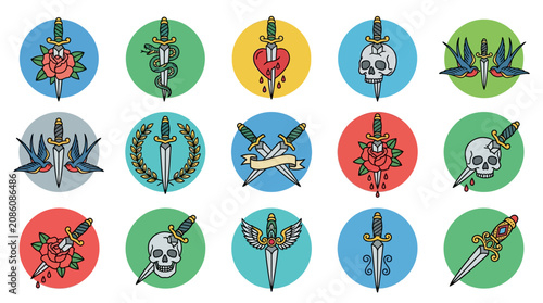 Vintage Tattoo Icons: Dagger, Rose, Skull, Swallows, Wings