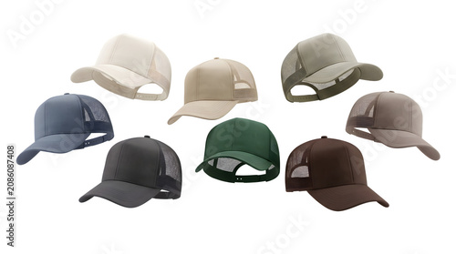 Blank trucker hat collection, set of 8 mesh back baseball caps in earth tones, realistic headwear mockups for branding and apparel design