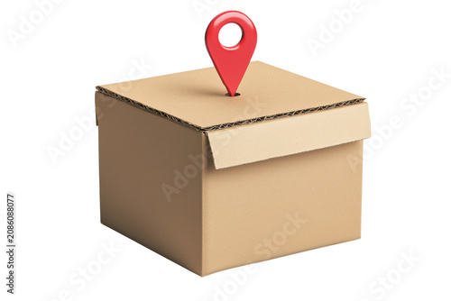 Red Location Pin On Of Brown Cardboard Package Box Isolated On Black Background marker navigation