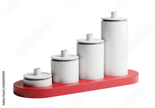 3d render of four white cylindrical containers on a red base isolated on transparent background