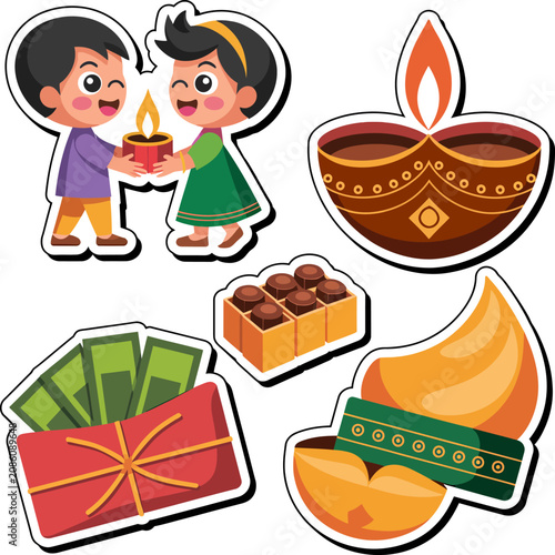 Diwali family gifting sticker vector sheet with children holding diya, money envelope, sweets and decorative oil lamps sticker vector collection