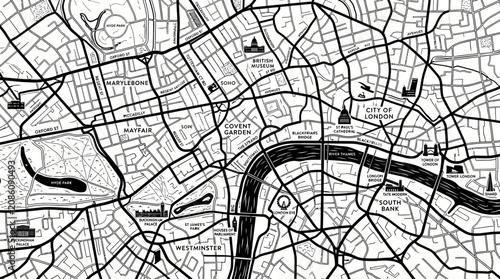London City Map Outline - Black and White Street Grid with River Thames