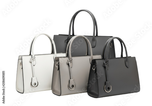 Collection of stylish leather handbags in various shades of gray isolated on transparent background