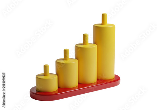 Educational wooden toy with yellow cylinders on a red base isolated on transparent background