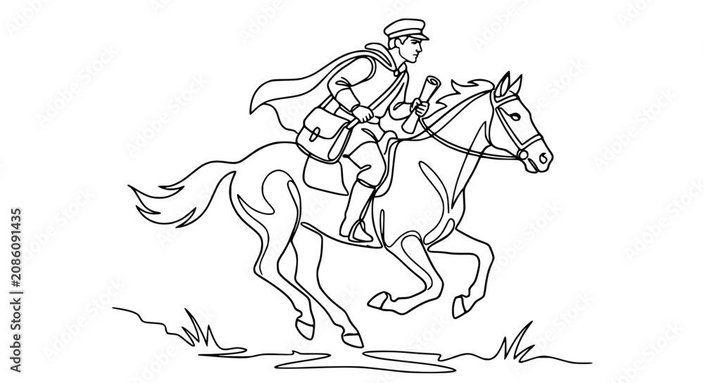 Fototapeta premium Line Art Rider on Horseback Delivering Mail