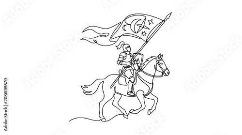 Tableau sur toile Knight on horseback with flag, one line drawing, medieval warrior, victory banne