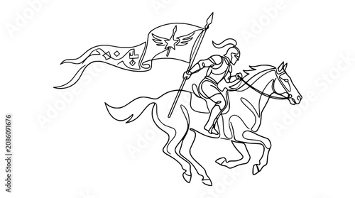 Cuadro en lienzo Medieval Knight on Horseback with Banner, Line Art Illustration