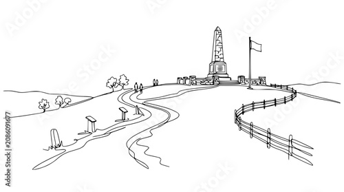 Quadro su tela Monument on Hilltop with Winding Path and Fence, Hand-Drawn Sketch Style