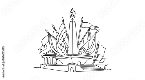 Foto Monument with Flags and Flame Line Art - Continuous One Line Drawing