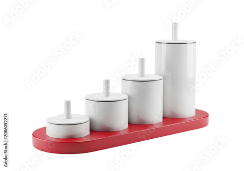 Set of white cylindrical containers on a red base isolated on transparent background