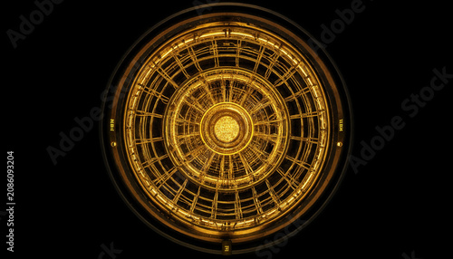 Intricate golden quantum computer hardware bottom view with concentric circular rings isolated on black background