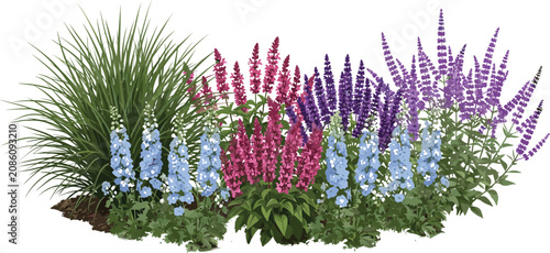 Tableau sur toile Beautiful blooming garden perennial flowers arrangement with salvia and ornament