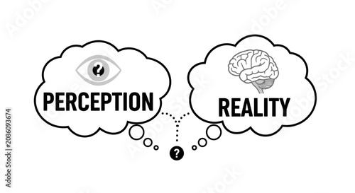 фотографія Conceptual illustration comparing perception and reality with thought bubbles containing an eye and a brain, highlighting the difference between subjective view and objective truth