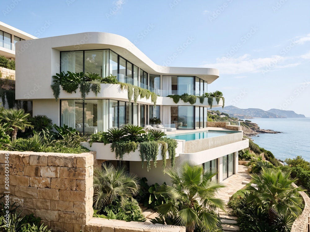 Fototapeta premium Modern Luxury Villa with Infinity Pool and Panoramic Ocean View on a Cliff