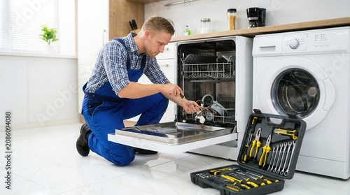 Handyman fixing a household dishwasher with tools in the kitchen.