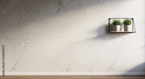 Minimalist interior wall with light gray concrete texture and a small metal shelf holding two green potted plants under soft natural sunlight