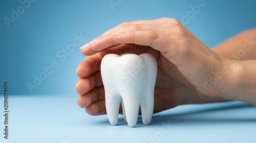 A white tooth model being held by hands representing dental care and insurance.