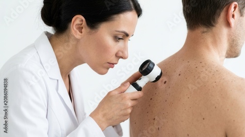 Medical examination of skin pigmentation and moles on a male patient's back by a female doctor.