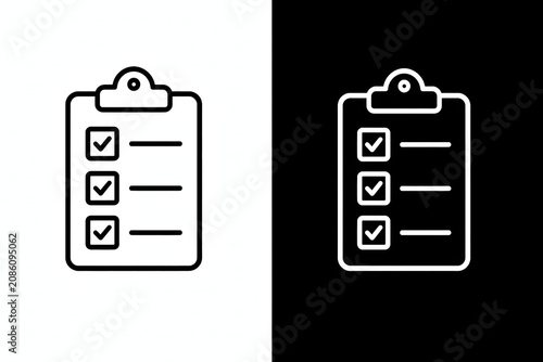Minimalist clipboard icon set with checkmarks for task completion and to-do lists, featuring black and white line art styles